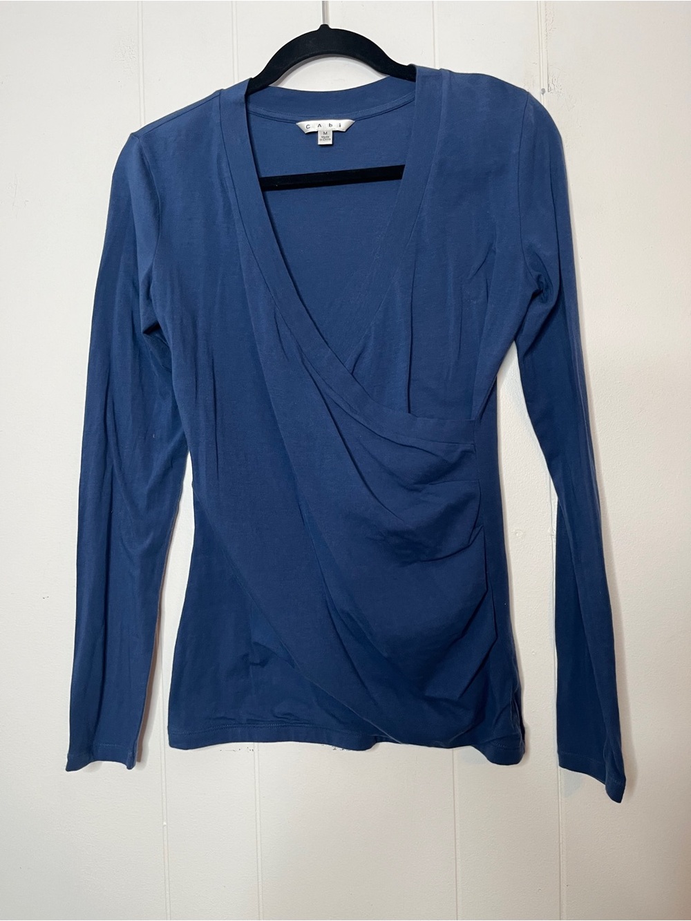 CAbi Deep Blue V-Neck Surplice Long-Sleeve Top Fitted Stretch Women's M